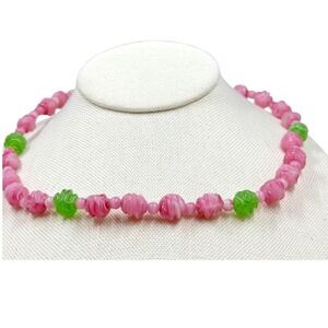Vintage Czech Glass Bead Pink Green Spring Necklace Ribbed 16"